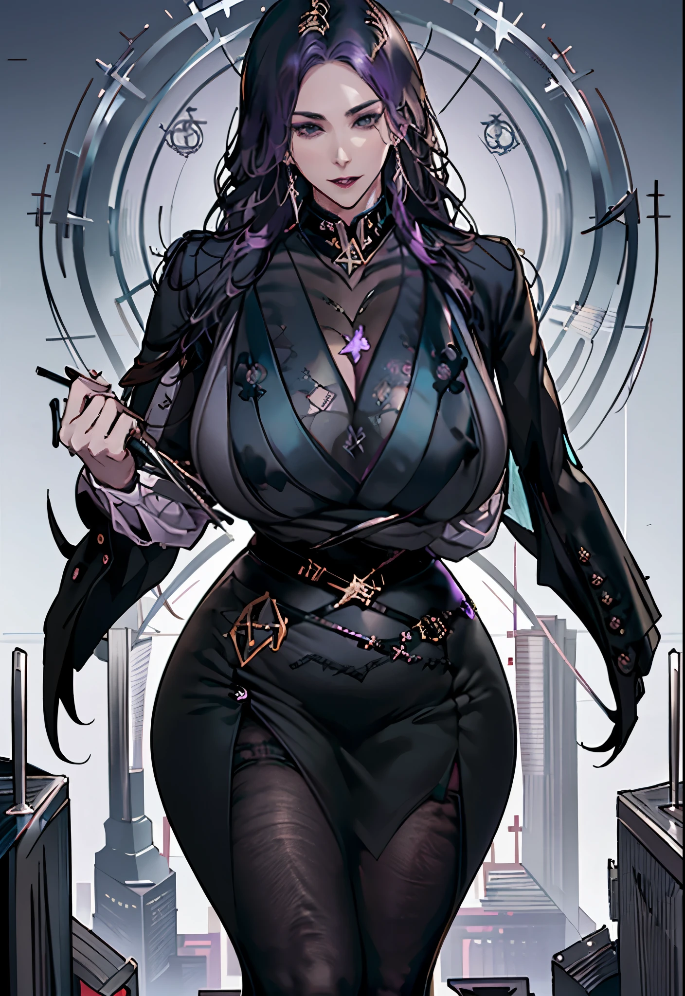 Black pencil tight skirt，purple hair，black stockings， (huge的_Forged_breast:1.8), (huge_breast:1.6), (muscle antigen_butt),open legs, (wide hips), (Thick thighs), slim waist, hourglass figure，long legs。