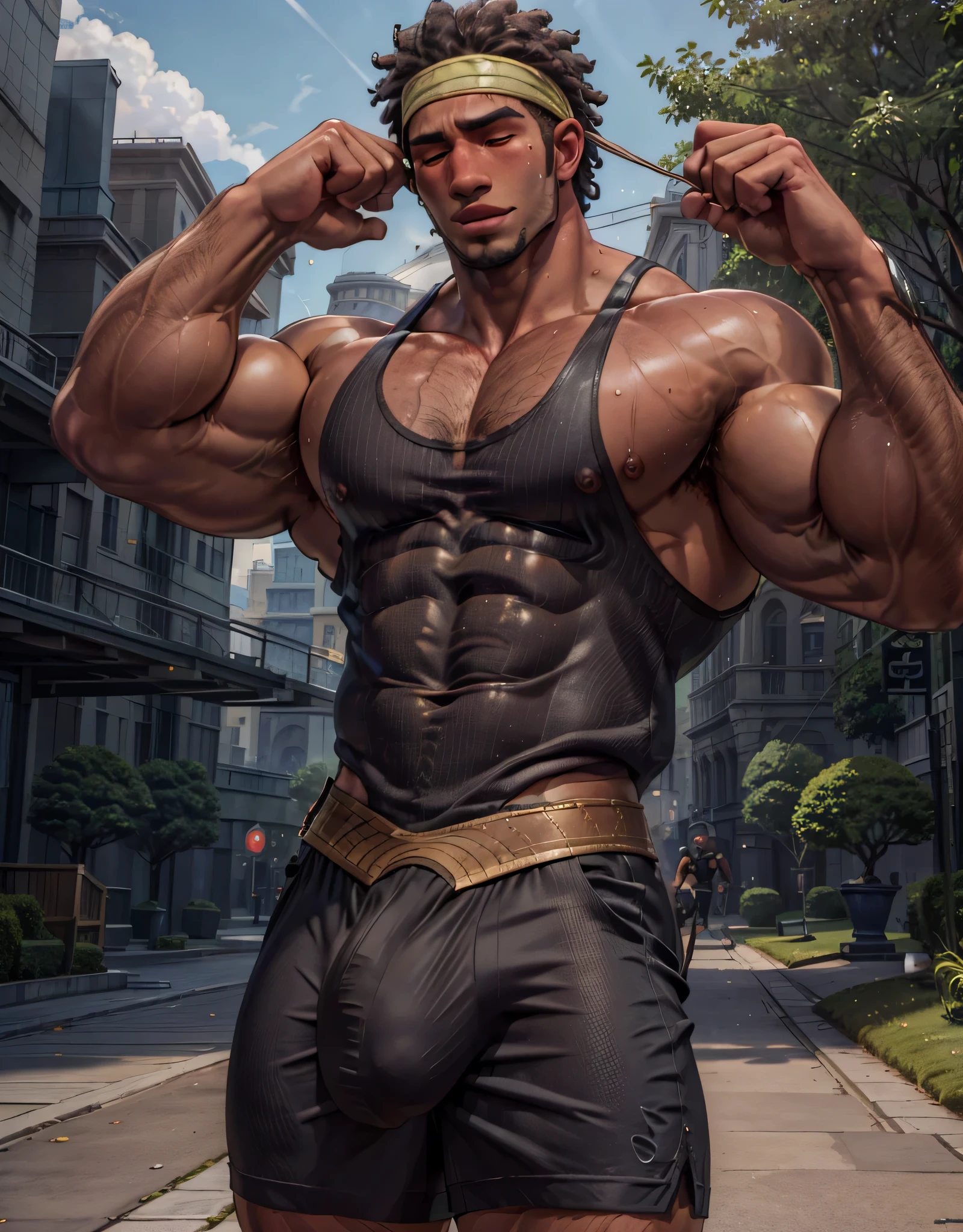 wasabi_no_ginger, muscular, sweat, solo, black hair, 1boy, closed eyes, upper body, male focus, dark skin, arms up, headband, facial hair, dark-skinned male, tank top, beard, park, daylight, (8k, Foto RAW, extremely high quality), (((Handsome:1.4))), best quality, Arte Oficial, extremely detailed CG Unity 8k wallpapers, bulgeJ8,