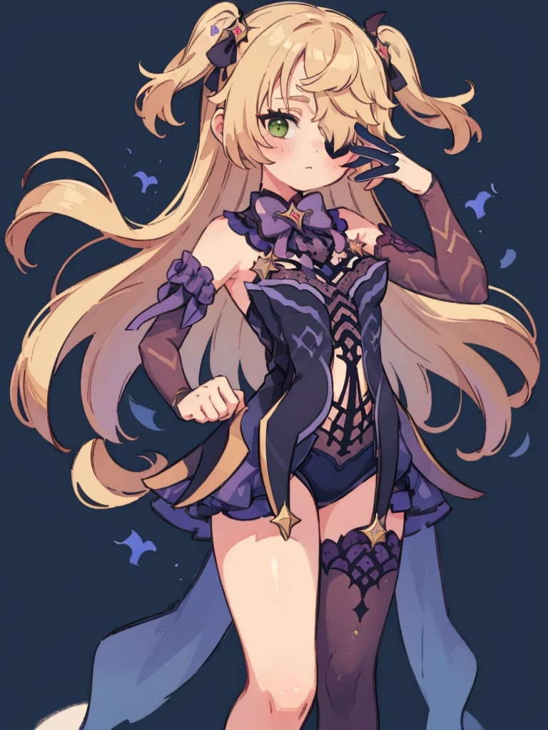 girl, arm outstretched, casting a spell, purple aura over hand, upturned hand, confident, calling out, eyepatch, green eye, dramatic pose, simple_background, no background, stockings