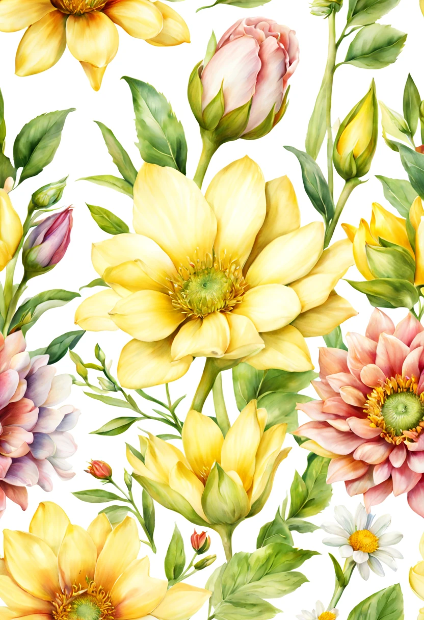 (best quality, 4k, 8k, high resolution, masterpiece:1.2), ultra-detailed, (realistic, photorealistic:1.37), vibrant watercolor flowers, assorted blooms, delicate petals, soft watercolor wash, (watercolor paper texture:1.1), (lush foliage:1.1), interplay of light and shadow, (sunlit:1.1), (dew drops on petals:1.1), (varied flower species:1.1), botanical illustration, (rich color palette:1.1), (soft edges:1.1), (depth of field:1.1), (artistic composition:1.1), (harmonious arrangement:1.1)