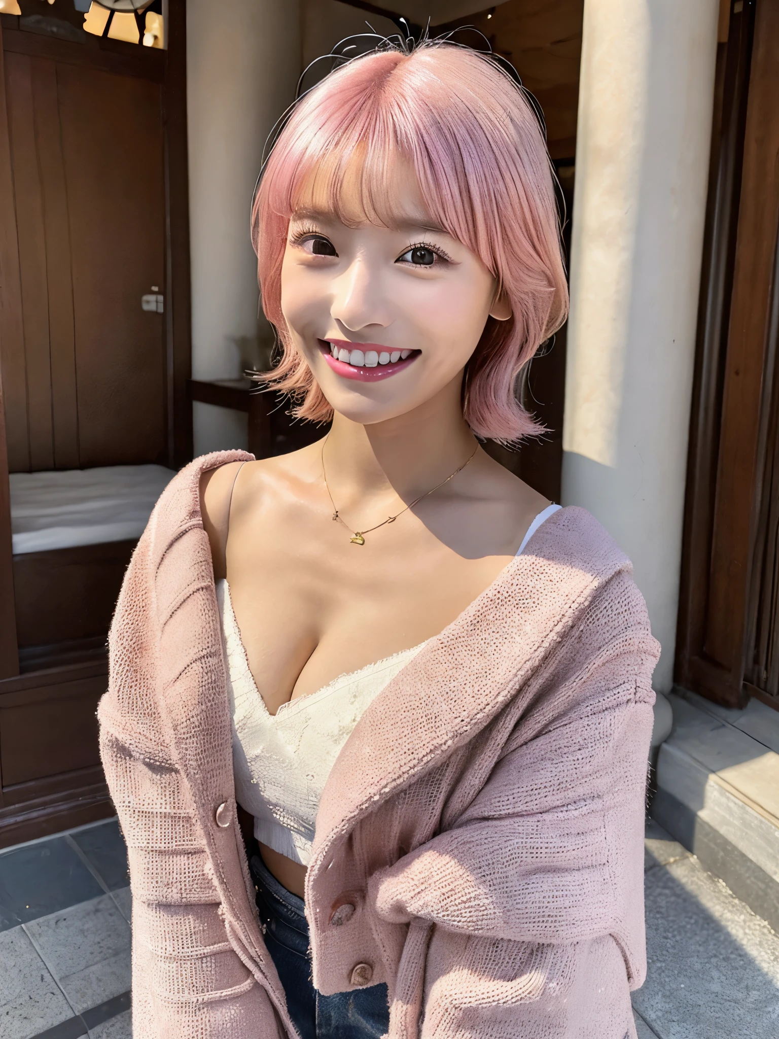 ((highest quality、8K、master piece:1.3))、1 girl、glowing skin、shiny skin、A beautiful woman with slim abs as an accent:1.3、super detail face、delicate eyes、double eyelid、soft chest、Super exposed cleavage、Full body Esbian、((pink hair))、tanned skin、20-year-old、bob hair、shortcut、winter clothes、Navel out、Short jeans、A sloppy smile、Smile with your teeth out、In town