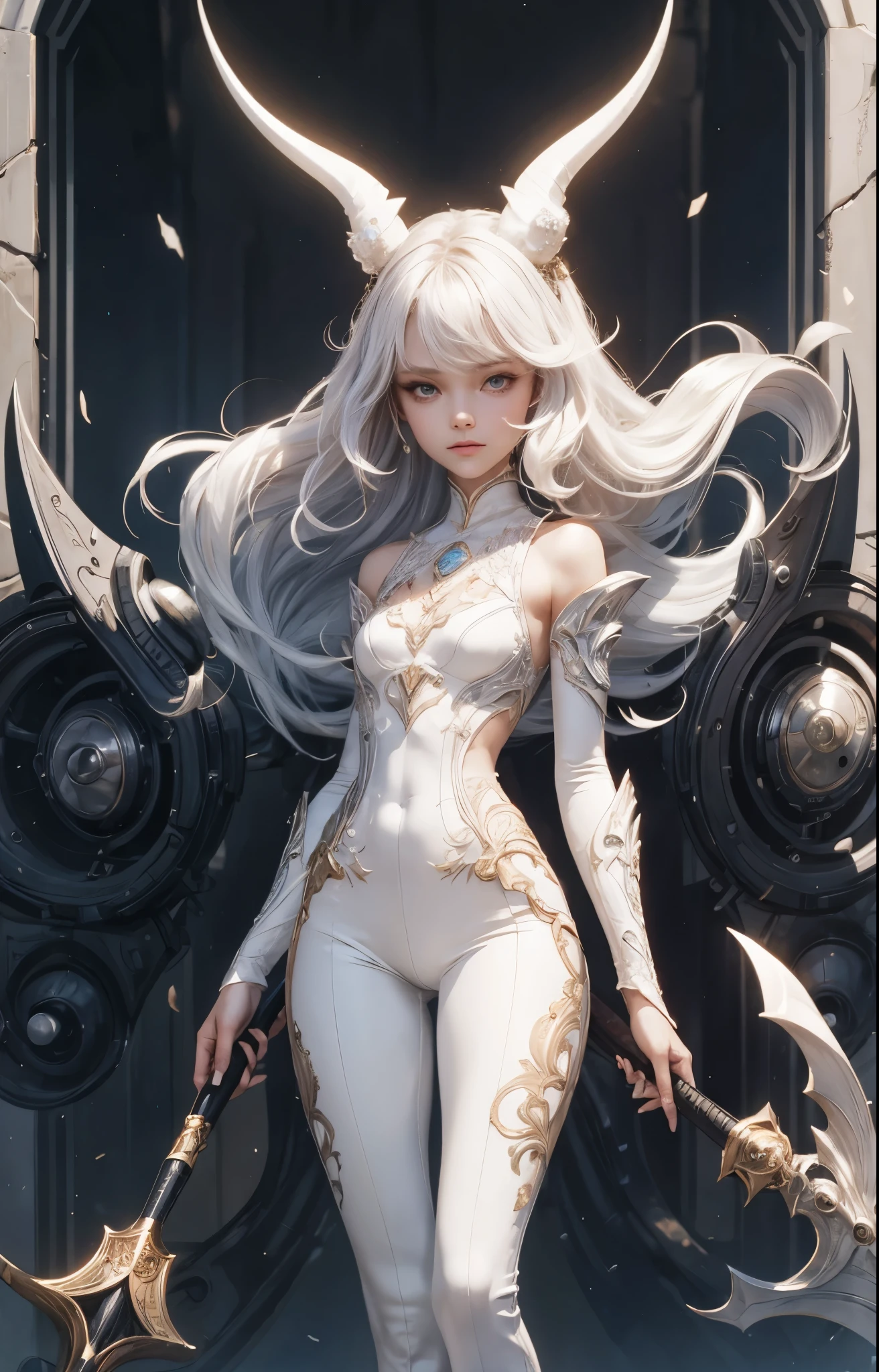 (detailed illustrations,Very detailed and precise drawing,Delicate drawn lines with tempo,Realistic texture expression),[color traced main line],(Fantasy World Battlefield Background [burning castle]),(GIRL ROBOT 15yo (White Devil [METALFACE[clear lenticular iris]] (SKINNY)) [WEAPON MACHINE][milky],[BODY with EDGE [Transparent material]],[use an ax as a weapon],[[Mobile Weapon Gigant Size][science fiction mechanical]],(Pearl white luster on the body surface),(intricate and beautiful decoration [Dense detail]),(Precisely drawn face)[perfect eye details(Beautifully detailed iris)[eyes like jewels]],[long and beautiful eyelashes],[precisely drawn hair [Beautiful and shiny hair details]],(perfect hand details [Beautiful fingers with no damage [beautiful nails]]),(perfect anatomy(perfectly balanced proportions))[[full body portrait]],[ideal color coordination(Accurate simulation of light and material interactions)],[Visual art that tells a story].