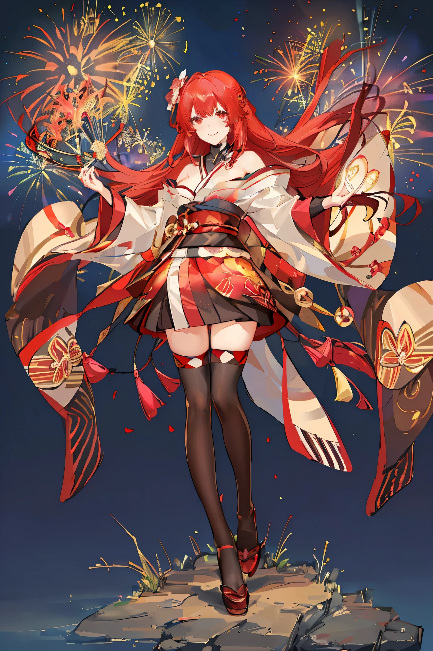 "anime girl, 1 person, red hair, shoulder length hair, dark red eyes, wearing flower hairpin, female kimono, red kimono with gold border pattern, big breasts, long stockings, blushing smile, standing still  cross-legged, solo, view from different angles, festival, New Year's Eve fireworks, fireworks viewing, night (full HD 4K+ image)"