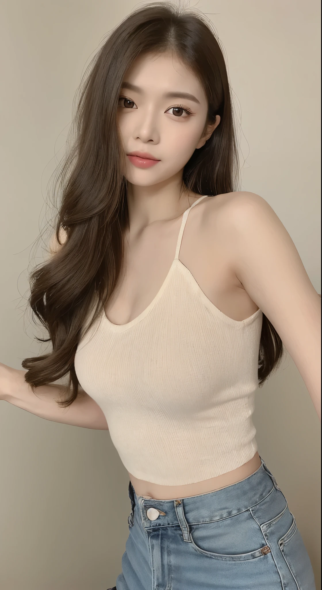 (Masterpiece, best resolution: 1.2), ((illustration), (extremely detailed), (best illustration),1girl, (yellow singlet top), long jeans pants,white background, (((far shoot:1:2))), (((front shoot))),(best quality), (super detailed), (masterpiece), (detailed face), realistic 1 girl with a perfect figure, asians girl, chinese girl, full body, living room, light make up, white top, eyes look front, small eyes, double eyelid, front view,long curly hair, (((full body:1:1))), pose shoot