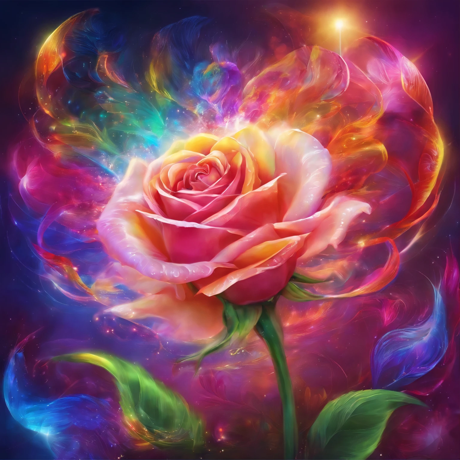 radiant rose,rainbow colored petals,Radiate the rays of the sun and moon,Crystal material,Optical,clean,reflective,refraction,Ray tracing,Super detailed,Surreal,Super real photos,best quality