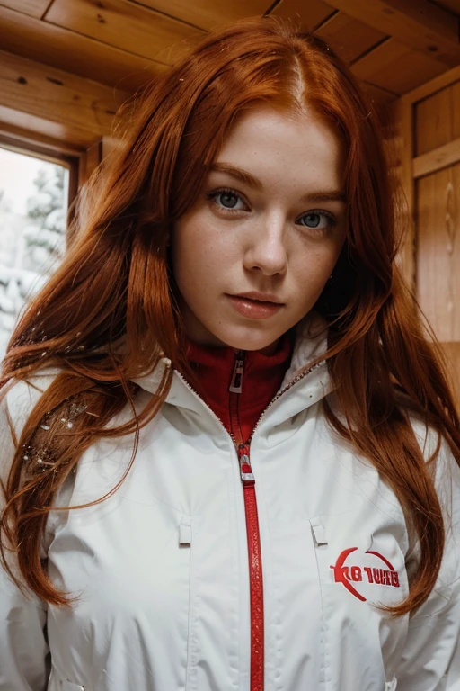There is a woman with red hair and a white snowsuit, with red hair and green eyes, red-haired girl, cute young red-haired girl, red-haired girl, roter Kopf, mit lockigen roten Haaren, beautiful young model, sie ist rothaarig, Girl with red hair, eine rothaarige junge Frau, flowing reddish-brown hair, red-haired goddess, in den Bergen, Girl on skis, power