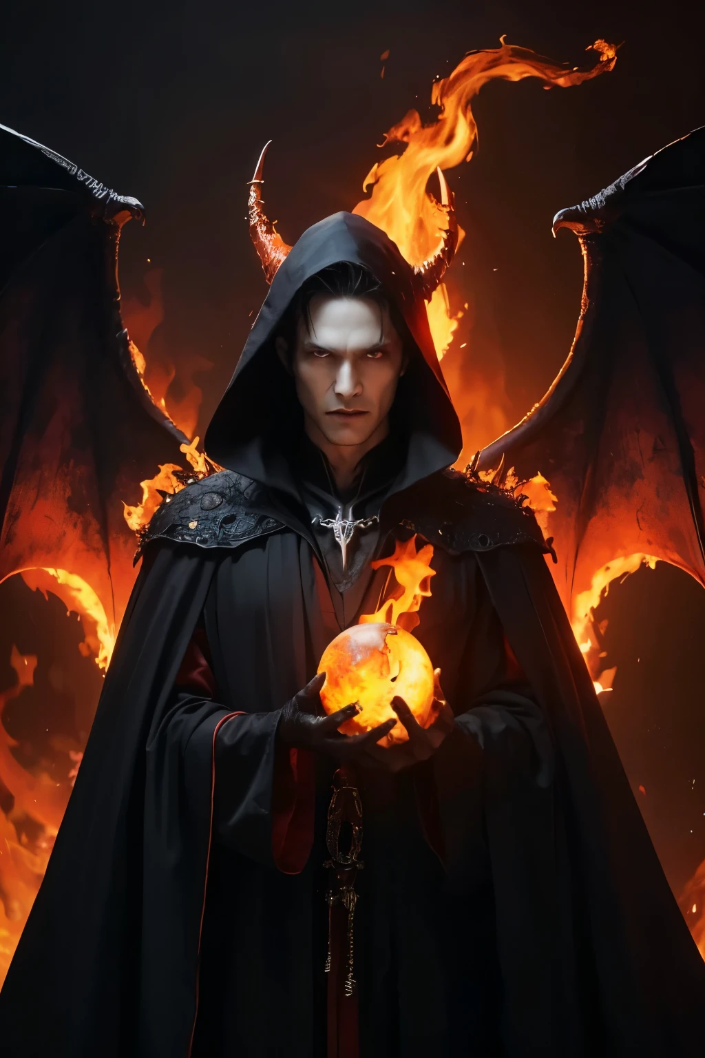 The black robe is torn and sparkling, Vampire goblin face, Devil's double horns, Withered and withered figure, Floating on the lava of the underworld, The magma bursts into flames and shoots out in all directions., Skeleton arms, The right hand is raised high with a dark red flame, The black cloak behind him gradually burned, dark hell style, Terror evil, King rules nobility, Despise everything, 8k, super detail, The painting style and tone are dark and realistic, Show the feeling of floating in the air