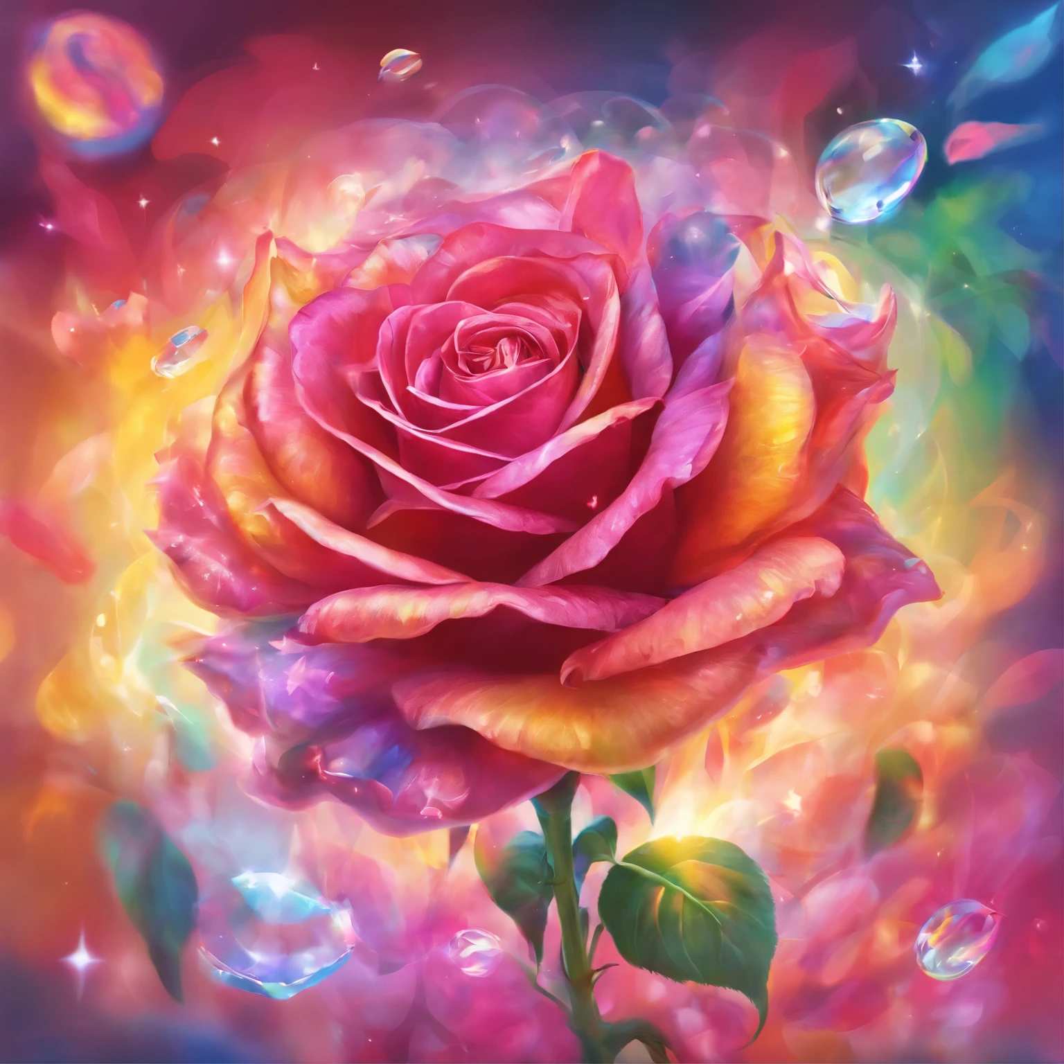 radiant rose,rainbow colored petals,Radiate the rays of the sun and moon,Crystal material,Optical,clean,reflective,refraction,Ray tracing,Super detailed,Surreal,Super real photos,best quality