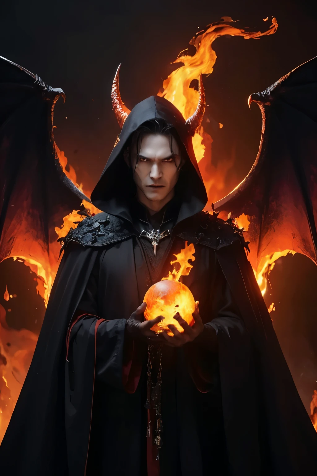 The black robe is torn and sparkling, Vampire goblin face, Devil's double horns, Withered and withered figure, Floating on the lava of the underworld, The magma bursts into flames and shoots out in all directions., Skeleton arms, The right hand is raised high with a dark red flame, The black cloak behind him gradually burned, dark hell style, Terror evil, King rules nobility, Despise everything, 8k, super detail, The painting style and tone are dark and realistic, Show the feeling of floating in the air