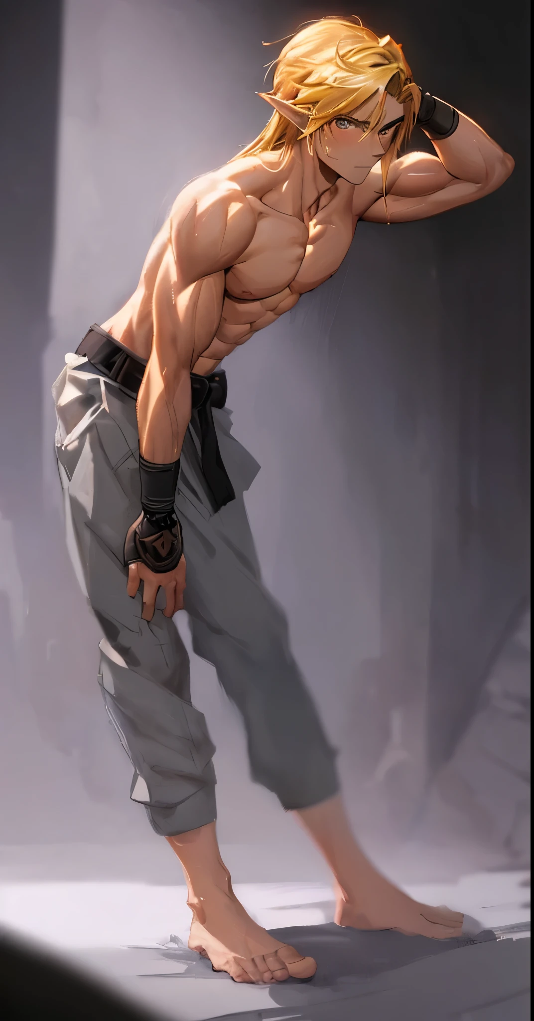 a close up of a man with blonde hair and no shirt, perfect anatomy, perfect nale body,handsome guy, shirtless :: high detail, blonde, anime boy, blonde waist-long hair, handsome anime pose, smooth skin,link, masterpiece,detailed, intricate,4k,digital painting,pants,martial arts,black belt, muscular,perfect abs,warrior,sportive,seductive,horny,(smiling:0.5)(evil:0.3)(from below:1.2),(indoor)(palace)(one hand behind head),serious, confident,looking at viewer,maledom,prince,dominant, bdsm,sports,sportive, sweatpants,(shirtless)