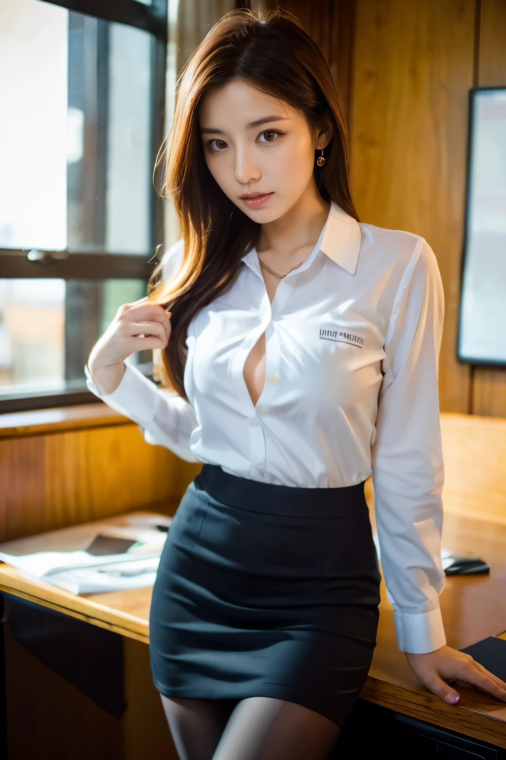 Classy upper class elite secretary wearing business shirt, work in the office、厳格なsuitを着ている, wearing pantyhose、wear luxury high heels、 girl wearing a shirt, suitを着ている, suitを着ている, suitを着て, business woman, business wear, 黒のsuitを着ている, wear a shirt and skirt, suitを着た女性, suit, ビジネスsuit, RAW photo, (8K、highest quality、masterpiece:1.2)、(intricate details:1.4)、(Photoreal:1.4)、octane rendering、Super detailedな複雑な 3D レンダリング, soft light in the studio, rim light, vivid details, Super detailed, realistic skin texture, face, beautiful and fine eyes, Highly detailed CG Unity 16k wallpaper, compensate, (detailed background:1.2), exposed thighs!!!,(Open Leg 1.5).panties pensive lingerie), The chest of the blouse opens wide.., exposure of skin, nipple protrusion.
