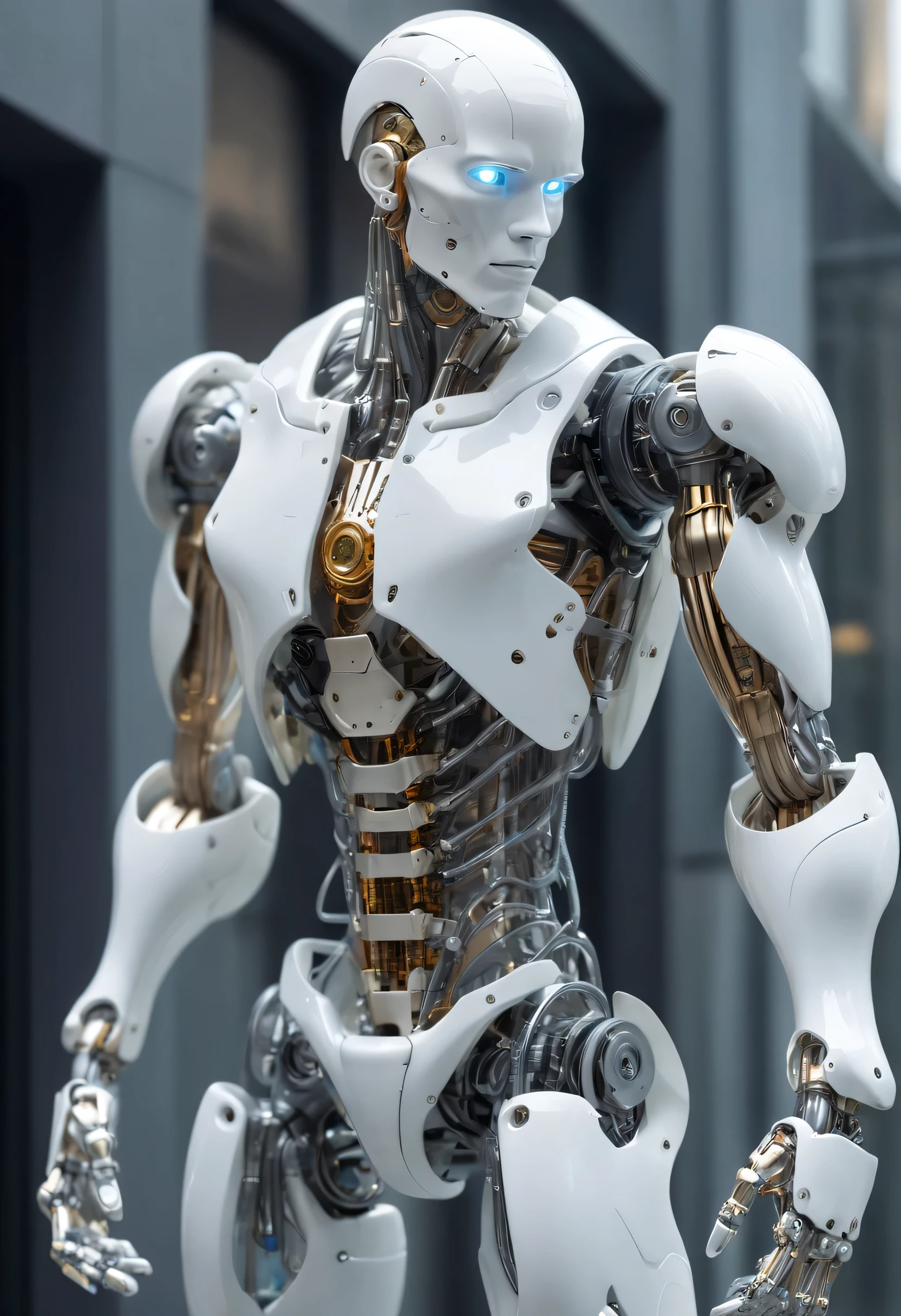 Translucent Ethereal Mechanical Man，homem futurista，Mechanical joints，mecha-menino，fundo urbano futurista