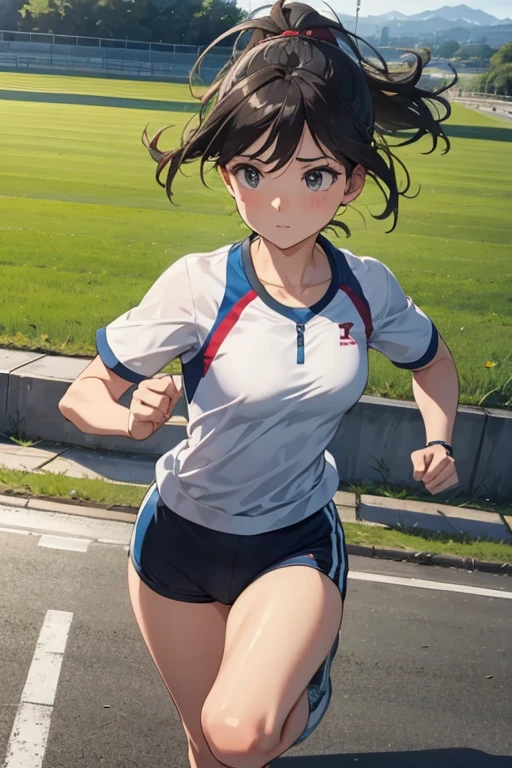 masterpiece, best quality, 1girl, solo, girls und panzer, isobe noriko, white shirt, bike_shorts, sneakers,sweat, spread legs, squatting, outdoors, blue sky <lora:Isobe Noriko:0.6>