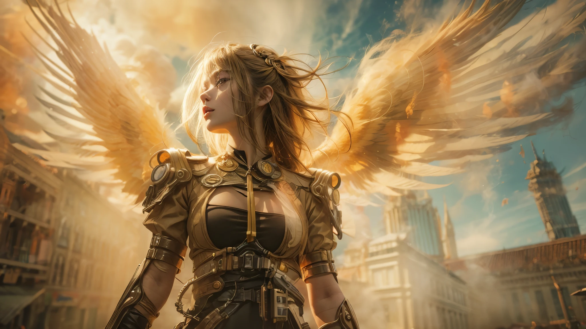 A photograph captures a fleeting moment where a girl embodies the essence of both an angel and a cyberpunk-steampunk muse. Amidst swirling smoke, use the ((golden hour)) to infuse the scene with warmth, highlighting the ((emotional)) juxtaposition of ethereal wings and futuristic elements.
