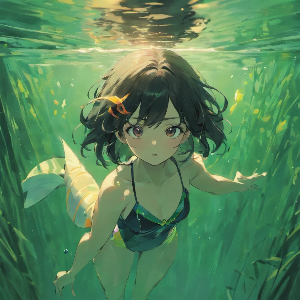 Fish swimming,black medium length hair,Realistic style,There are reflections in the water,Tree,The fish is very clear,