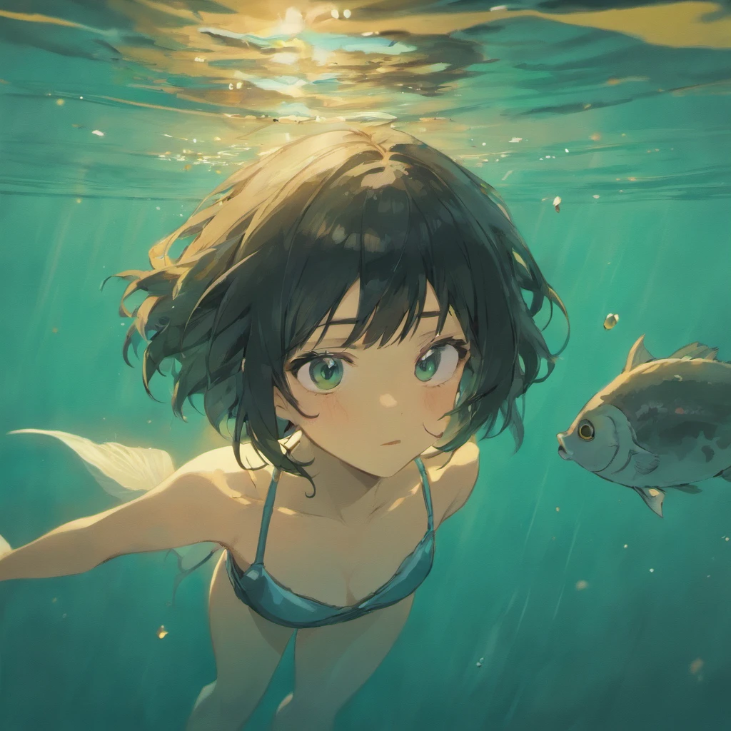 Fish swimming，black medium length hair，Realistic style，There are reflections in the water，Tree，The fish is very clear，