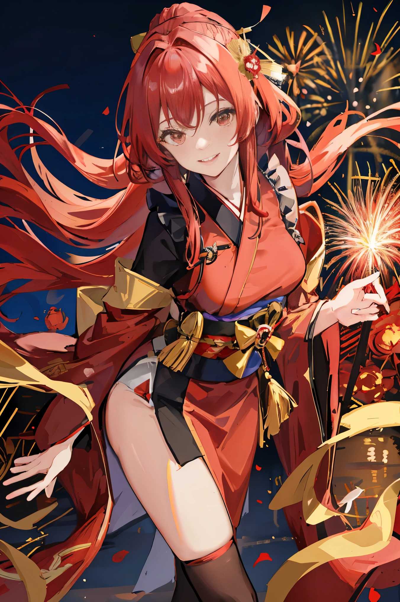 "anime girl, 1 person, red hair, shoulder length hair, dark red eyes, wearing flower hairpin, female kimono, red kimono with gold border pattern, big breasts, long stockings, blushing smile, standing still cross-legged, solo, view from different angles, festival, New Year's Eve fireworks, fireworks viewing, night (full HD 4K+ image)"
