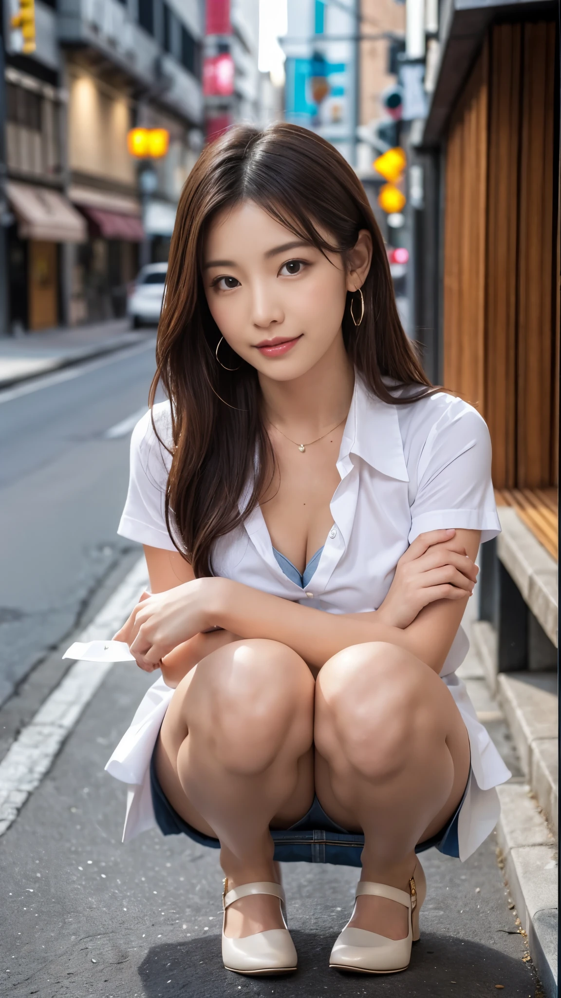 (highest quality, pieces fly, realistic photo, Super detailed, ultra high resolution, born:1.3), (1 female, beautiful japanese actress, 25 years old), (shy smile), detailed face,Fancy makeup with red eyeshadow,big ring earrings,light blonde delicate mid cut hair,The ends of the hair are wavy,elegant hairstyle,fine eyes, Actress with slender figure,small breasts, (Mini skirt dresses), ( from beh de d), A glimpse of white pants,