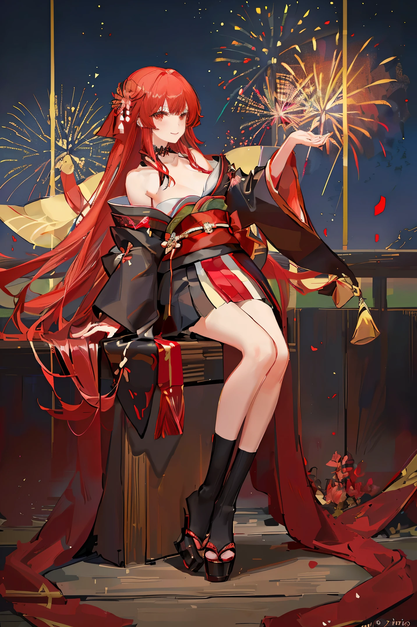 "anime girl, 1 person, red hair, shoulder length hair, dark red eyes, wearing flower hairpin, female kimono, red kimono with gold border pattern, big breasts, long stockings, blushing smile, standing still cross-legged, solo, view from different angles, festival, New Year's Eve fireworks, fireworks viewing, night (full HD 4K+ image)"