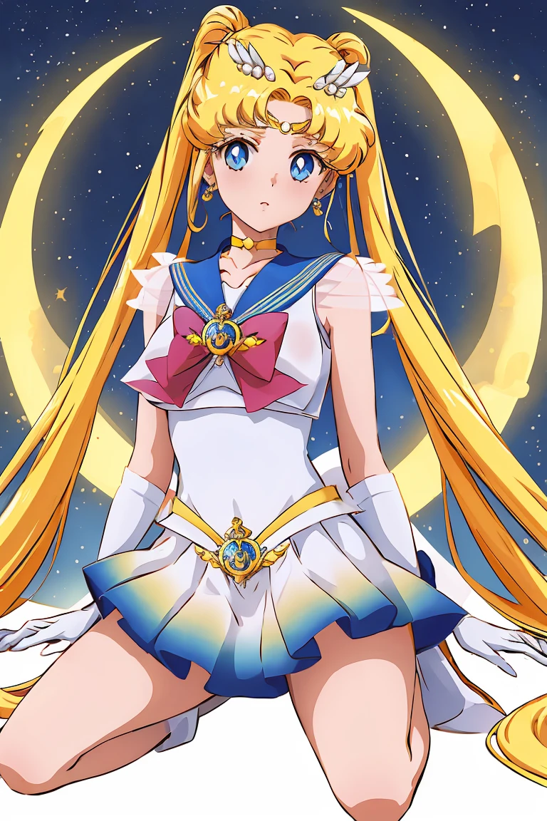 masterpiece, highest quality, High resolution, 1 girl, alone, show nipples,transparent sailor warrior uniform, SM Moon, 1990s \(style\), blonde hair, Magical girl, blue eyes, transparent blue skirt, elbow length gloves, tiara, Transparent pleated skirt , Blue Sailor Necklace, Transparent Ultra Mini Skirt, choker, blue choker, white gloves, very long hair, jewelry, earrings, kneeling on the floor, Hands on the floor,Showing female genitals in cowgirl pose