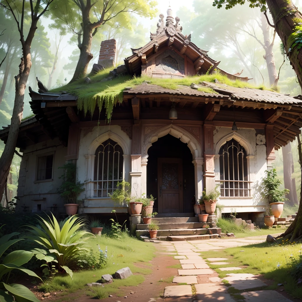 an ancient Indian temple ruins in the forest with all plants taken over it --auto --s2