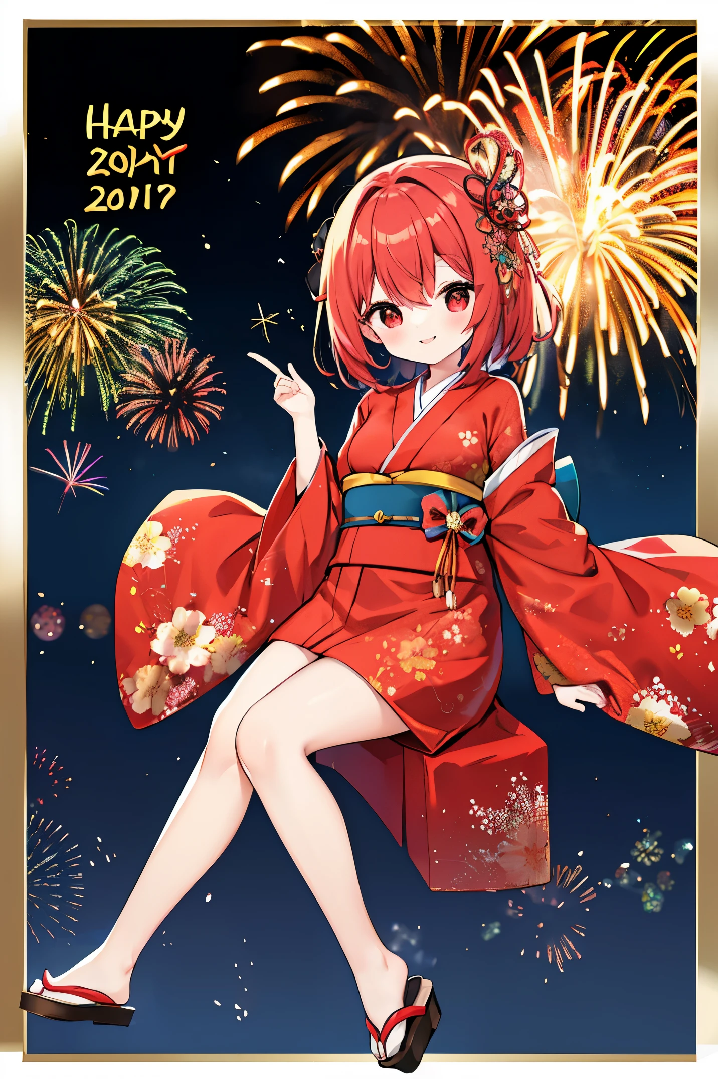 "anime girl, 1 person, red hair, shoulder length hair, dark red eyes, wearing flower hairpin, female kimono, red kimono with gold border pattern, big breasts, long stockings, blushing smile, standing still cross-legged,chibi,full body, solo, view from different angles, festival, New Year's Eve fireworks, fireworks viewing, night (full HD 4K+ image)"