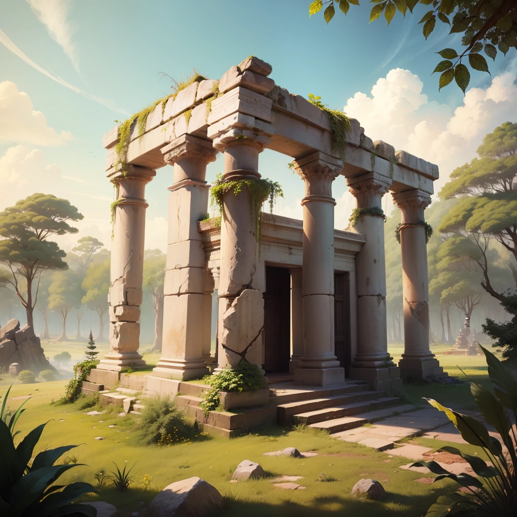 an ancient Indian temple ruins in the forest with all plants taken over it --auto --s2