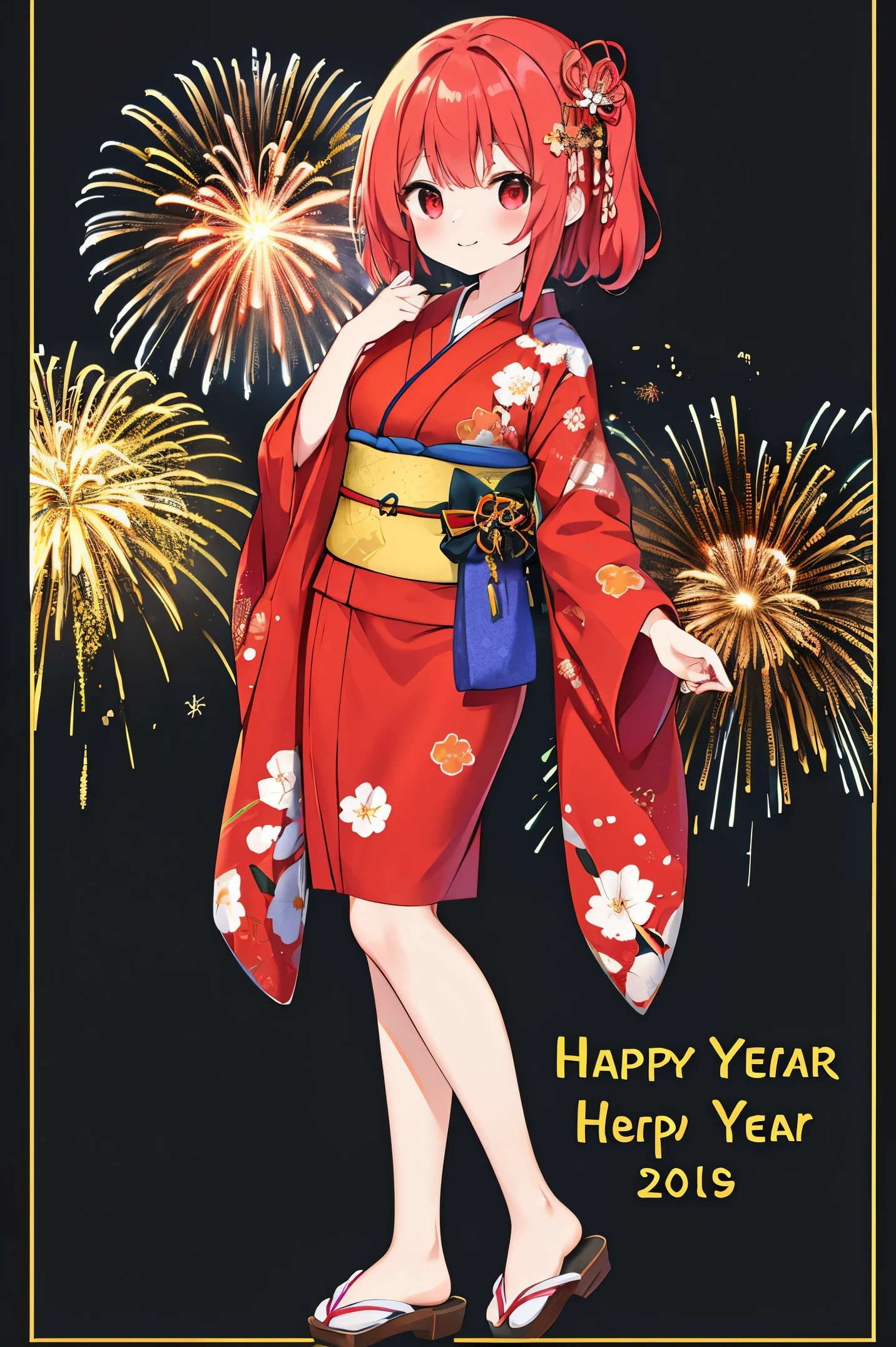 "anime girl, 1 person, red hair, shoulder length hair, dark red eyes, wearing flower hairpin, female kimono, red kimono with gold border pattern, big breasts, long stockings, blushing smile, standing still  cross-legged,chibi,full body, solo, view from different angles, festival, New Year's Eve fireworks, fireworks viewing, night (full HD 4K+ image)"