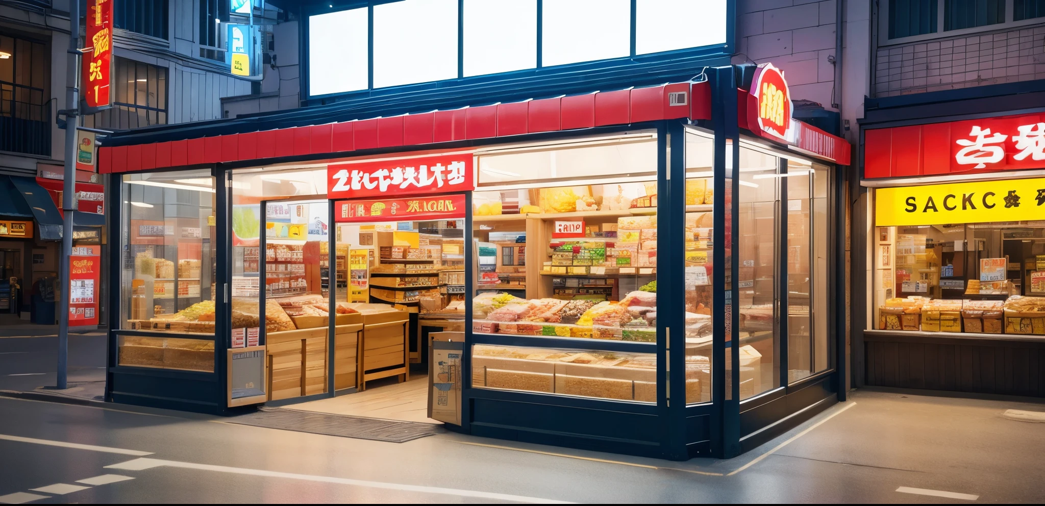 Bright snack store containers, neat containers, bright lights on each layer of containers, large snack stores, shopping malls and supermarkets are bright