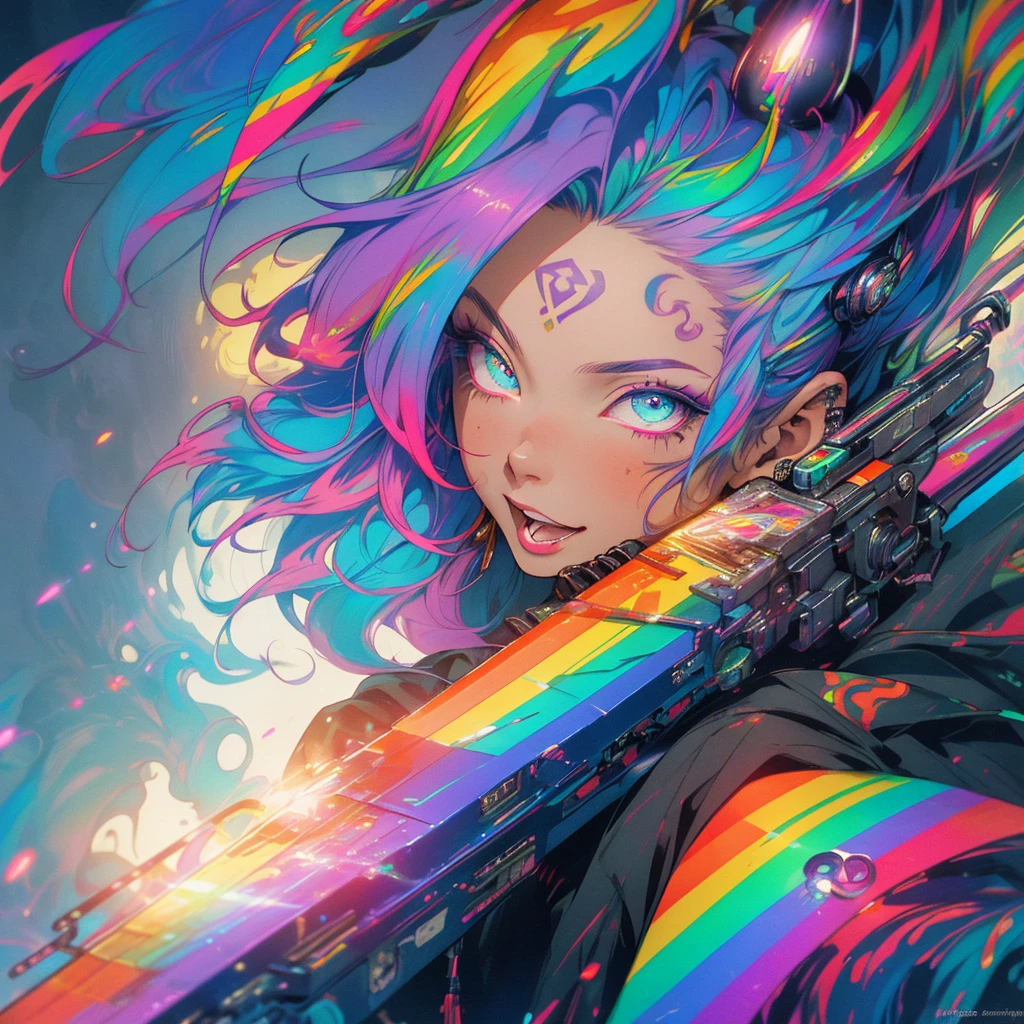(((highest quality))),detailed eyes,(((32k))),1 girl,rainbow colored hair,tattoo,cyber punk,kimono,Luxurious and gorgeous,Shiny skin,earrings,flashy,stick out tongue,twist tongue