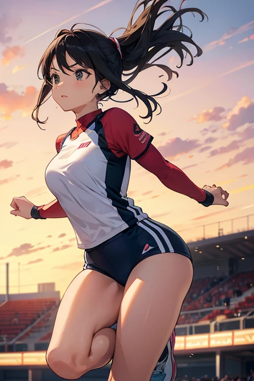 Land、athlete、arena、Beautiful mature woman running with all her might、backwards