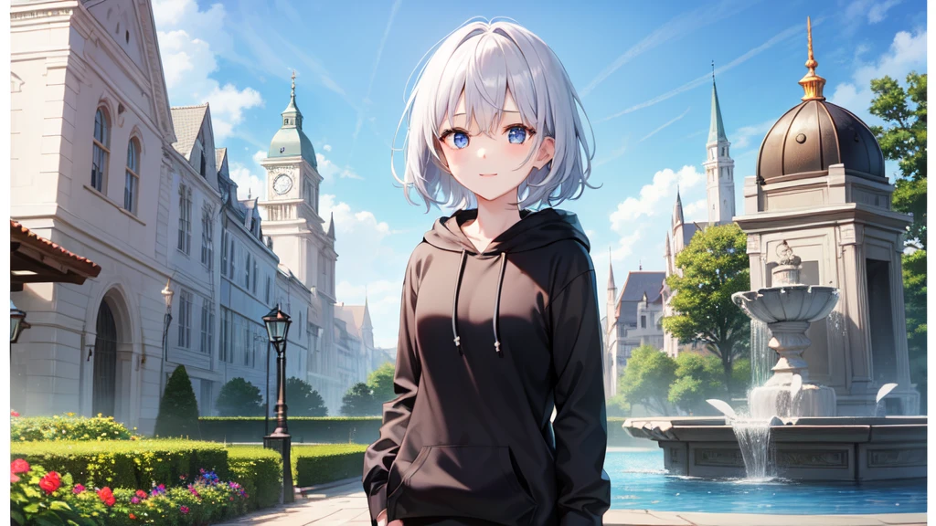 super high quality, with a girl, 20-year-old, very short hair, long bangs between the eyes, pale blue eyes , blue sky, sunlight, very detailed,(masterpiece、highest quality)、alone、gray hair、laughter、White skin as clear as snow、fantasy, silver hair, black eye, beautiful eyes,, ecstasy, charm, be smitten with audience, landscape shorts、white hoodie、Hoodie with open front、black shirt、fountain in the forest、flower garden