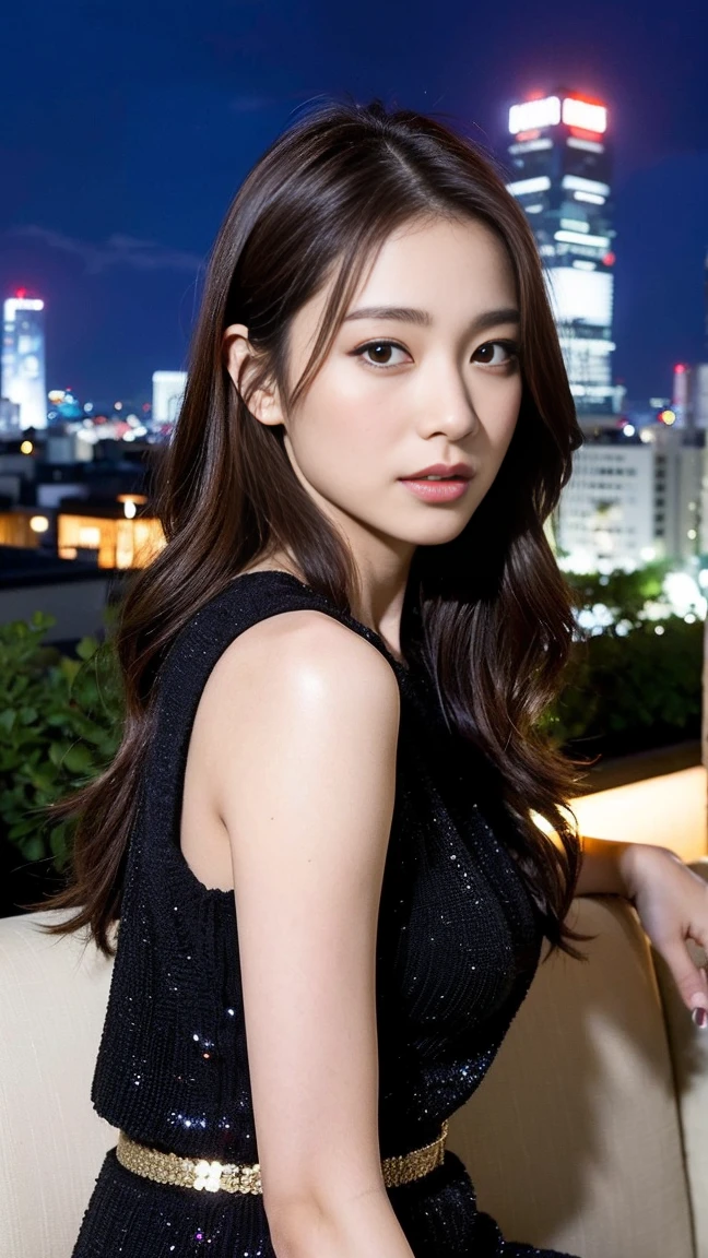 dark brown hair、light brown eyes、Japanese actress face、 Lady、face of about 38 years old.、(intricate details:1.2)、(highest quality:1.4)、 (ultra high resolution:1.2)、ultra high resolution、(detailed eyes)、(detailed facial features)、ticker、8K resolution、D cup size breasts、、butt facing me、i am wearing a long skirt.、long hair、Tokyo night view、背景にTokyo night viewが見える、While looking at the wonderful night view、sitting on a sofa on the terrace of a rooftop bar、Chanel Fashion、CHANEL Clothing、one piece、