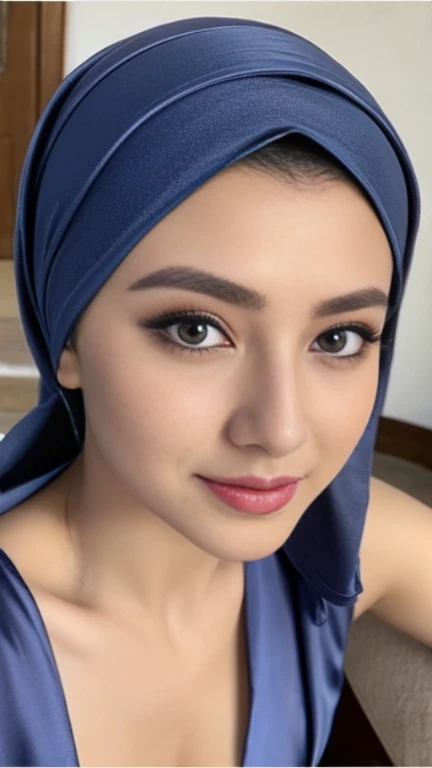 Masterpiece, realistic, best quality, best lighting, 1 pretty girl with angelic face, ((full bodyshot)), beautifully makeup, eyeshadow, Parted Lips, Detailed Eyes, beautiful big eyes, long eye lashes, smile, wearing ((Dark blue satin headscarf)), loosely tide hijab style, (yoga pose, yoga suit, full naked), exposed cleavage, very big breast, (seducing, sexy pose), on the beach