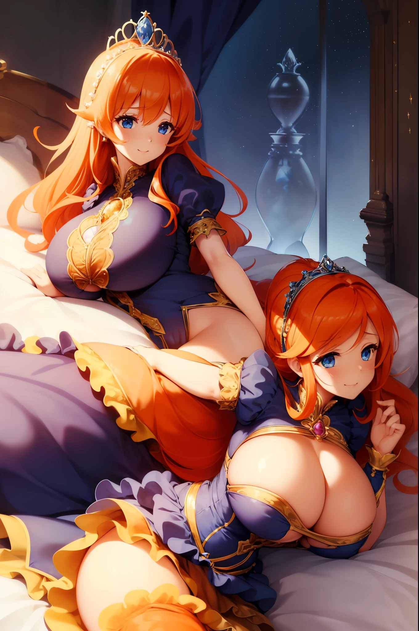 1woman, ((princess dress)), in medieval castle, ((dark blue long puffy rococo dress, full length hoop skirt, princess tiara, many ruffles, frilly)), (hair in ponytail, long beautiful orange hair), (Blue eyes), sharp outline, a matural female, 30 year old, {{{Best Quality}}}, {{{masterpiece}}}, {{intricate details}}, {{ultra detailed}}, ((((hourglass body)))), (((huge boobs))), tiny waist, six pack abs, wide hips, super sexy pose, legs spread, (bigger boobs:1.4), (((orange hair))), big smiling expression, blushing, flirty, ((busty breasts)), boobs overflowing out of top, cleavage, more underboob, (((focus on woman))), many detailed ruffles, puffy dress bottom, tiered dress, dynamic angle, bulky hoop skirt, ultra-detailed 4k, ((high resolution image)), big puffy dress, ((((lying all the way down on bed)))), in castle bedroom, ((view from side)), boobs squished together, back on bed