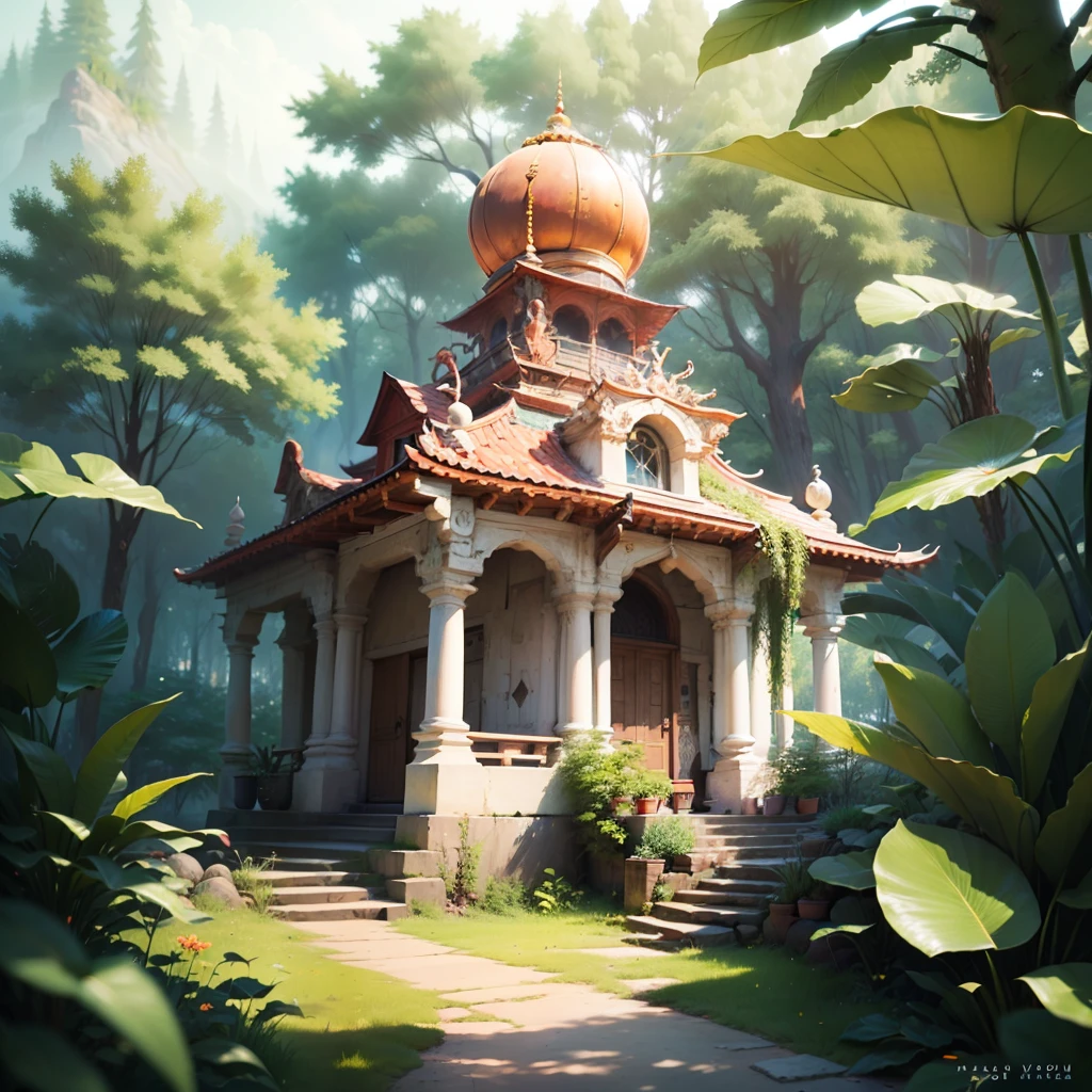 an ancient Indian temple ruins in the forest with all plants taken over it --auto --s2