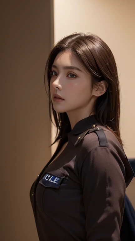 ((Realistic lighting, Best quality, 8K, Masterpiece: 1.3)), ((flat chest)), camisole,,Clear focus: 1.2, 1girl, Perfect Figure: 1.4, ((Dark brown hair)), (police uniform: 1.4), Super fine face, Fine eyes, Double eyelids, (half body)