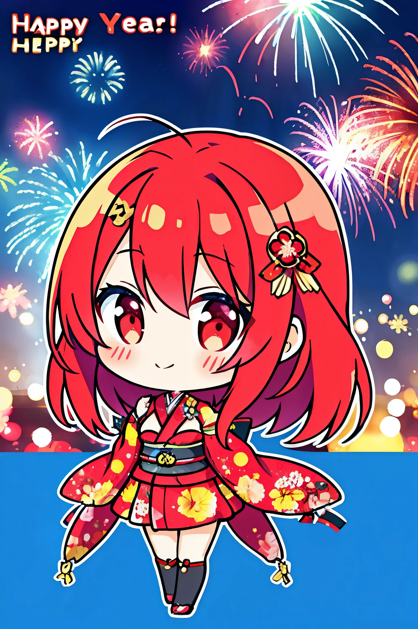 "anime girl, 1 person, red hair, shoulder length hair, dark red eyes, wearing flower hairpin, female kimono, red kimono with gold border pattern, big breasts, long stockings, blushing smile, standing still cross-legged,chibi,full body, solo, view from different angles, festival, New Year's Eve fireworks, fireworks viewing, night (full HD 4K+ image)"