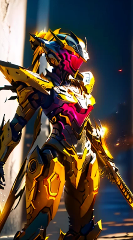(((obra maestra)), ((Mejor calidad)), 8k, Alto detalle, Ultra detalle, una chica mecha genial con un casco en forma de V, in a shiny black and yellow mechanical suit, wielding a bright red sword, Battle Pose Action Painting, Fondo que muestra humo monstruoso.