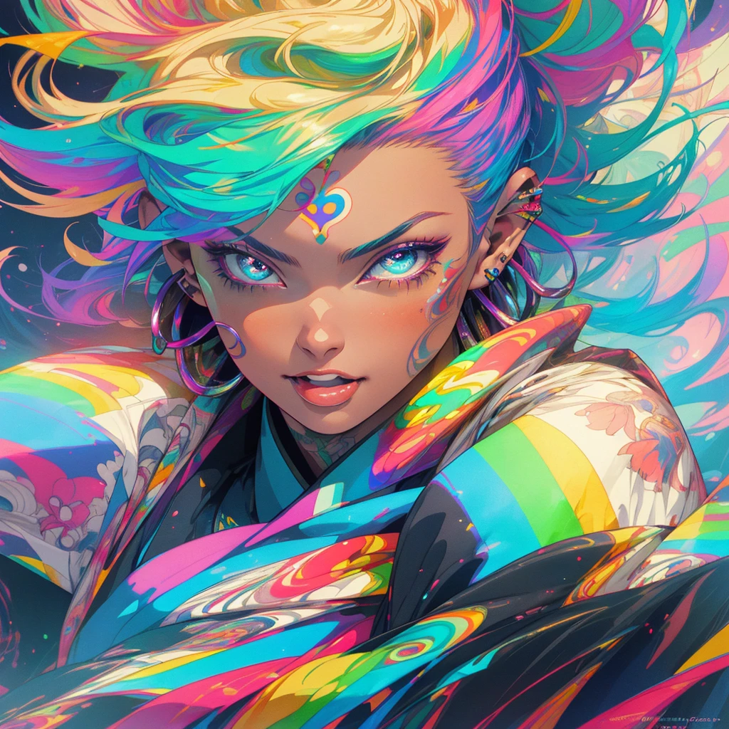 (((highest quality))),detailed eyes,(((32k))),1 girl,rainbow colored hair,tattoo,cyber punk,Rainbow kimono,Luxurious and gorgeous,Shiny skin,earrings,flashy,stick out tongue,twist tongue,Super beautiful woman,perfect face,