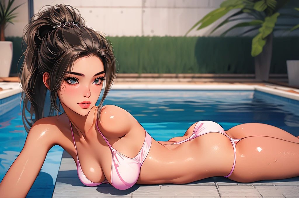 1 Girl, white girl, thot, Blushing, (((Wet Skin)),dark hair with blonde streaks, ponytail, beauty, top heavy lips, eyeliner, Indoors, The World of Marquis de Sade, Best Quality, Masterpiece, Ultra High Res, ( photorealistic:1.4), RAW photo, very small thong micro bikini, thong straps, big boobs, mischievous look on face, thong, abs, girl coming out of the pool, slender, narrow hips, ((girl laying by the pool))