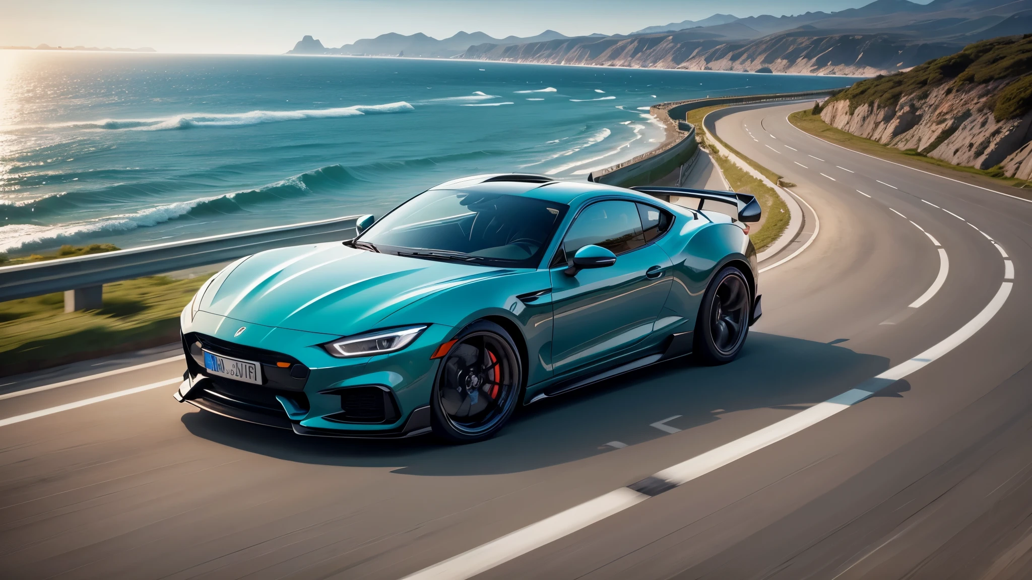 a sports car driving along a coastal highway