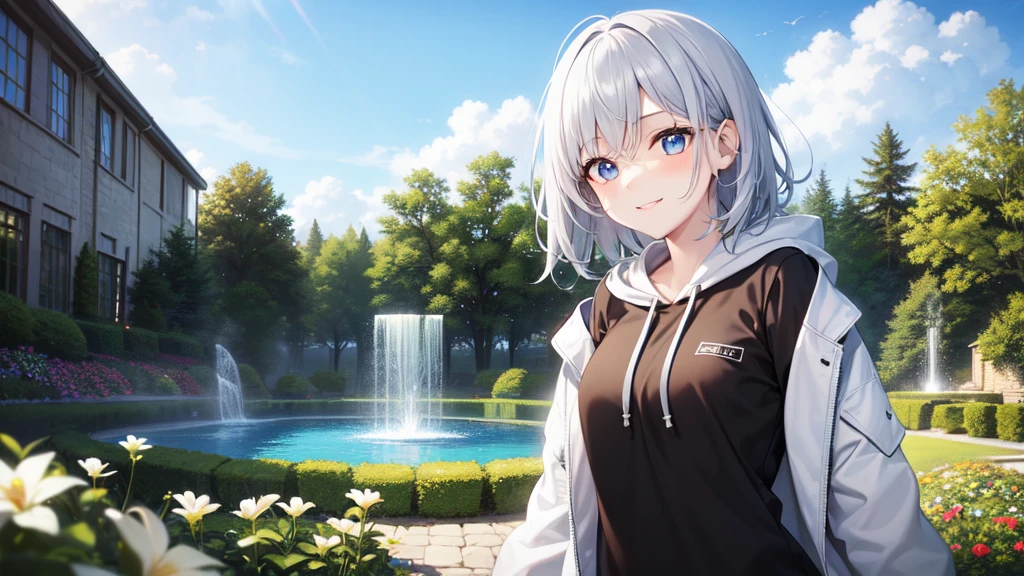 super high quality, with a girl, 20-year-old, very short hair, long bangs between the eyes, pale blue eyes , blue sky, sunlight, very detailed,(masterpiece、highest quality)、alone、gray hair、A smile in the sky、White skin as clear as snow、fantasy, silver hair, black eye, beautiful eyes,, ecstasy, charm, be smitten with audience, landscape shorts、white hoodie、Hoodie with open front、black shirt、fountain in the forest、flower garden、