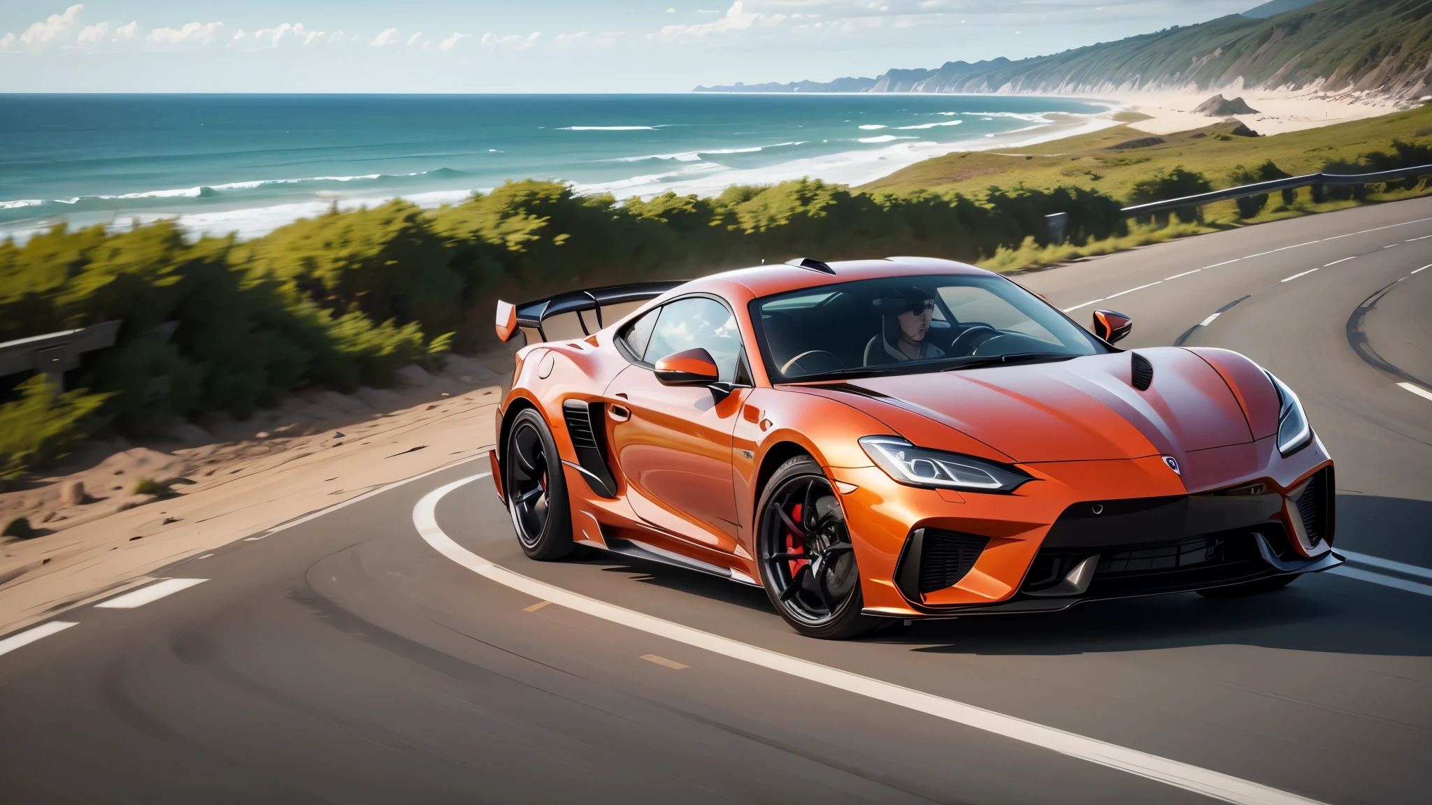 a sports car driving along a coastal highway
