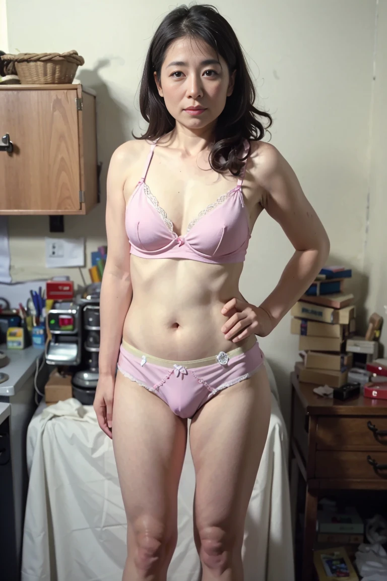 (High resolution、high quality、High resolution、masterpiece、be familiar with)、Middle-aged and elderly 1 female、38 years old、messy long curly hair、look at the camera、(Lean your body:1.2)、(small breasts:1.2)、(bra and men'Underwear:1.2)、(male genitals in underwear:1.2)