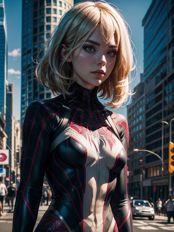 (best quality), (HDR), (1girl), (spidergwen), (perfect face), (perfect body), beautiful girl hanging from a Street light pole by webs, (detailed light and shadows), superhero, Gwen Stacy, spidergirl, 3D, digital art style