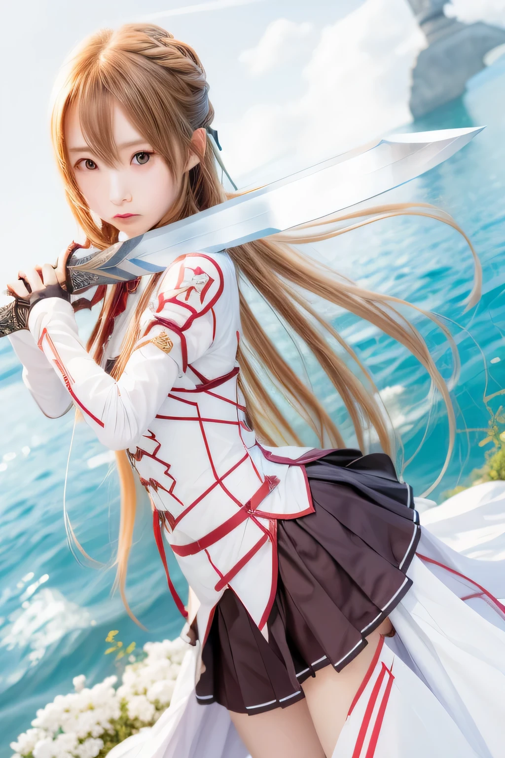 asuna yuuki with sword and sword in hand in front of blue sky