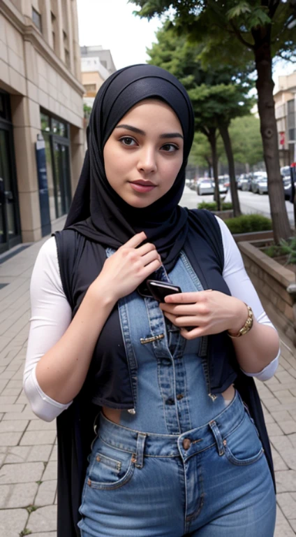 A photo of a young, arabic woman in hijab selfie outdoors , wearing jeans vest , looking at the viewer. Selfie 
Masterpiece, beautiful , body covered with beautiful clothes except face and hands 