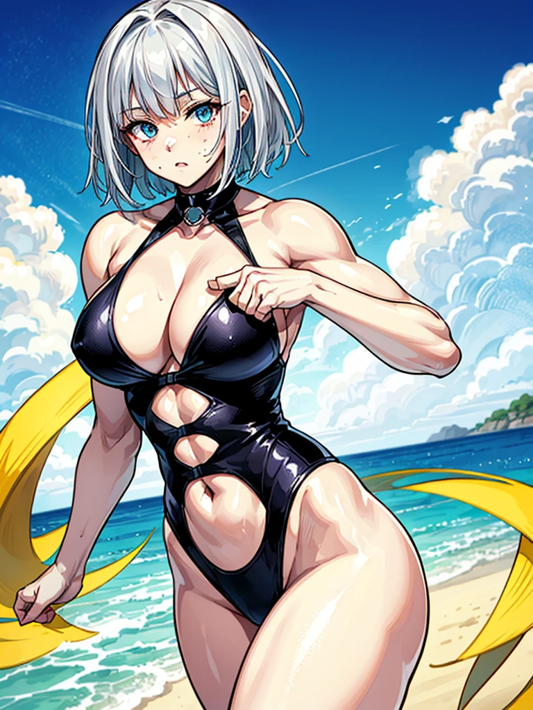 （（（masterpiece、Highest image quality、highest quality、highly detailed unity 8ｋwallpaper）））、（（Illustration of one girl））、（（（beautiful girl）））、（（white hair、short hair、crew cut：1.7、light blue eyes））、（（（stocky build, thickset physique, muscular legs, broad shoulders, solid chest：1.9）））、swimsuit、sandy beach