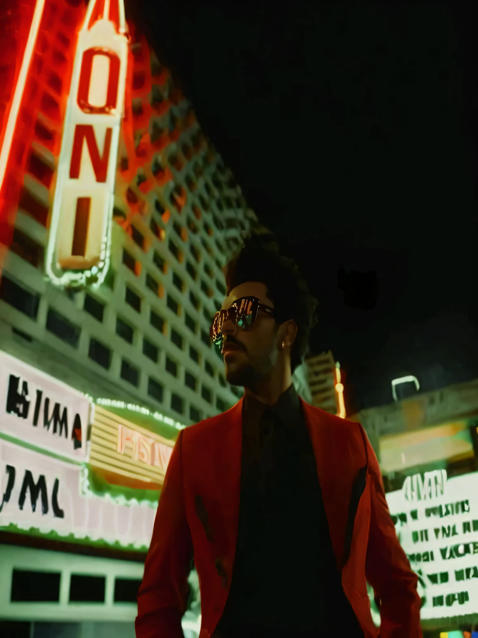 faaris azura in red jacket and sunglasses standing in front of a theater, still from a music video, neon jungle, photo in style of faaris azura, faaris azura in vegas, faaris azura